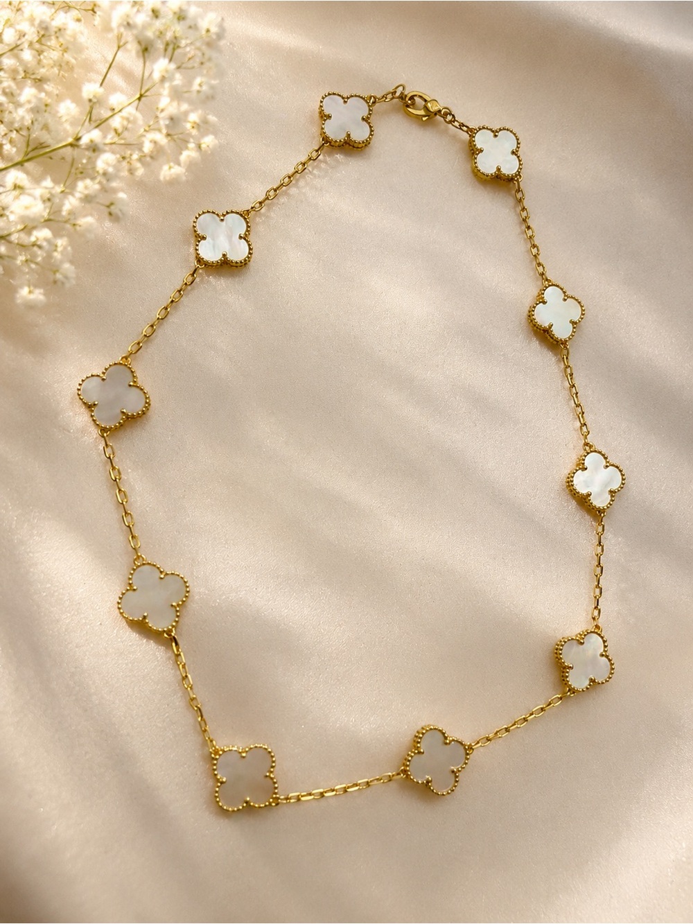 Gold Mother of Pearl Clover Station Necklace